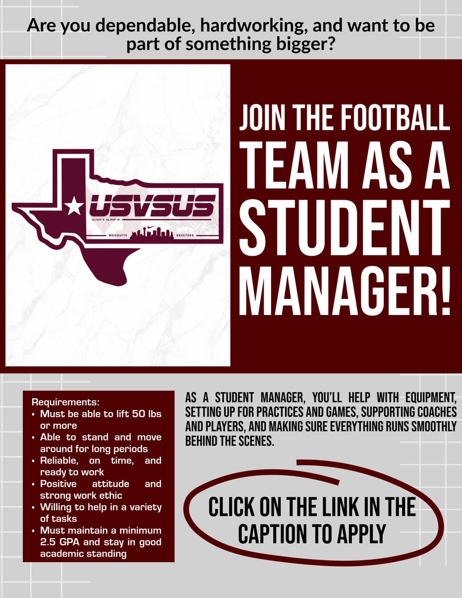 SkeeterRecruits's tweet image. 🚨 We’re looking for dependable, hardworking student managers to join our football team!
Help with gear, setup, & support our squad. Report to Coach Fire & be ready to work
📌 Must lift 50lbs, stay on your feet, & have a 2.5+ GPA.
Apply here: forms.gle/NJXfKdoUKgws2W…
#USVSUS