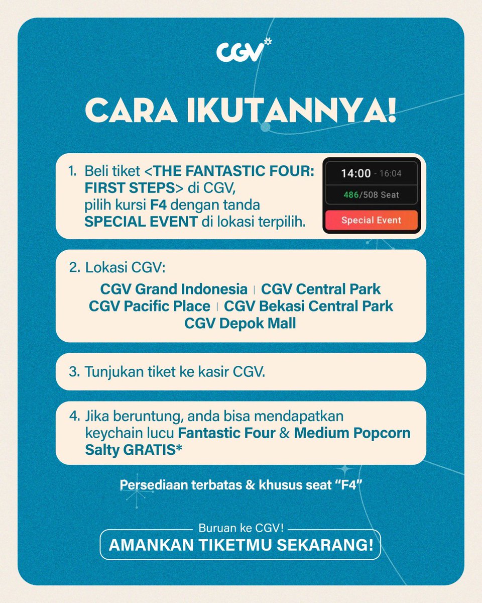 CGV_ID's tweet image. Pilih kursi F4 buat nonton &lt;Fantastic Four: First Steps&gt; &amp; dapetin keychain dan popcorn gratissss 🎁🎉
Gimana caranya? Cek di sini &amp; pesen tiketnya sekarang!
#SemuaSerudiCGV