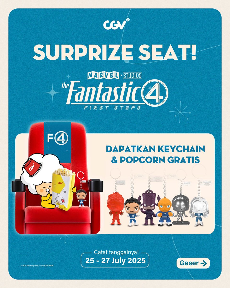 CGV_ID's tweet image. Pilih kursi F4 buat nonton &lt;Fantastic Four: First Steps&gt; &amp; dapetin keychain dan popcorn gratissss 🎁🎉
Gimana caranya? Cek di sini &amp; pesen tiketnya sekarang!
#SemuaSerudiCGV