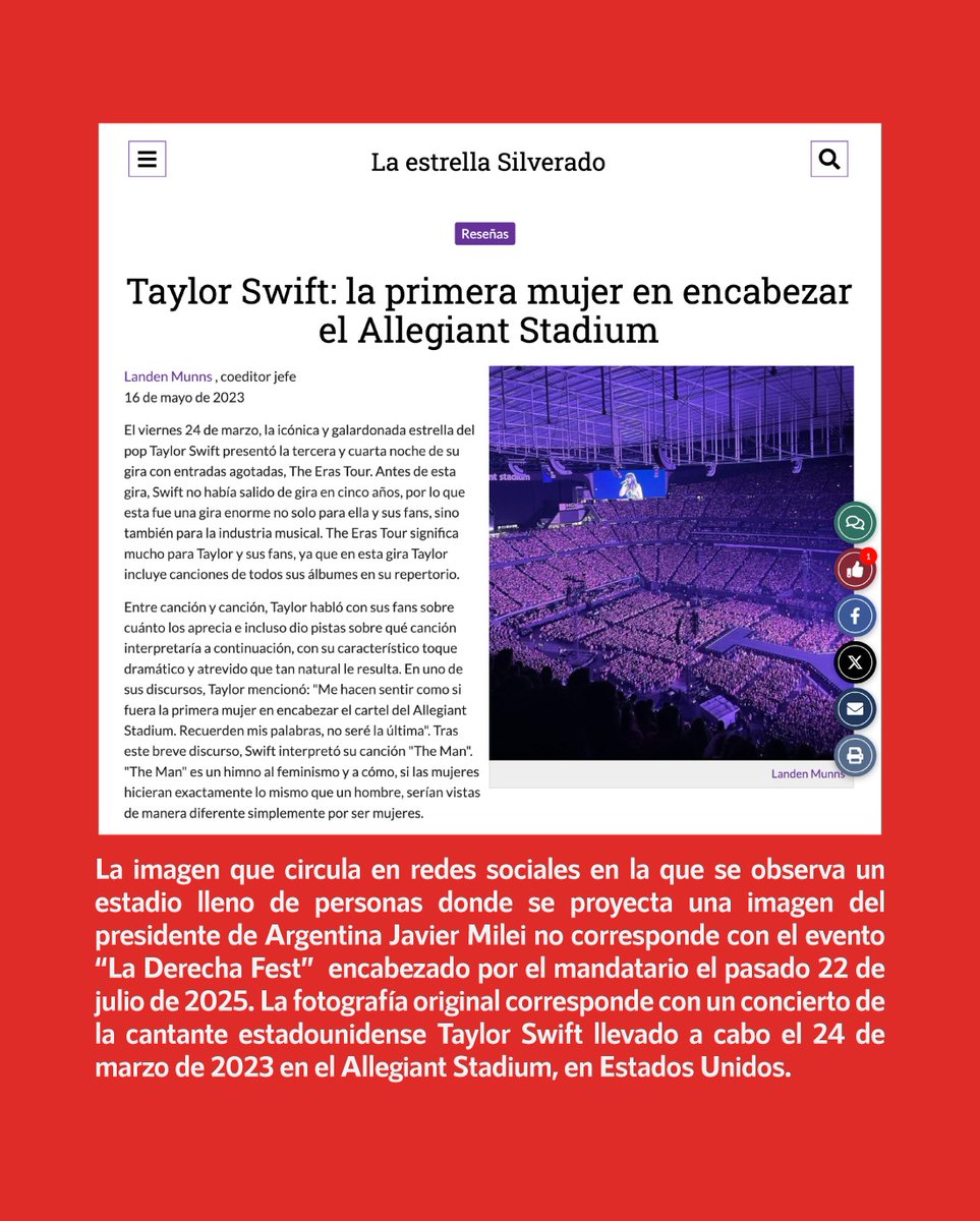infodemiaMex's tweet image. ❌Falsa fotografía de un evento encabezado por Javier Milei (@JMilei) en #Argentina
✅La imagen que circula en redes sociales en la que se observa un estadio lleno de personas donde se proyecta una imagen del presidente de Argentina Javier Milei no corresponde con el evento “La…