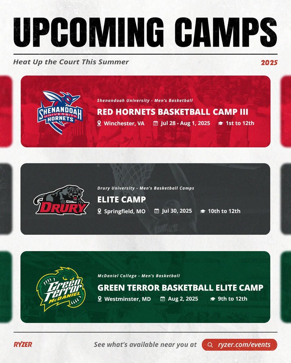 Ryzer (@ryzer) on Twitter photo Get ready to heat up the courts this summer. Check out these three basketball camps with the links in our bio! #Basketball #BasketballCamps
<a href="/SUHornetsMBB/">Shenandoah Hoops</a> <a href="/DruryMBB/">Drury Basketball</a> <a href="/McDaniel_MBB/">McDaniel Basketball</a> Get ready to heat up the courts this summer. Check out these three basketball camps with the links in our bio! #Basketball #BasketballCamps
<a href="/SUHornetsMBB/">Shenandoah Hoops</a> <a href="/DruryMBB/">Drury Basketball</a> <a href="/McDaniel_MBB/">McDaniel Basketball</a>