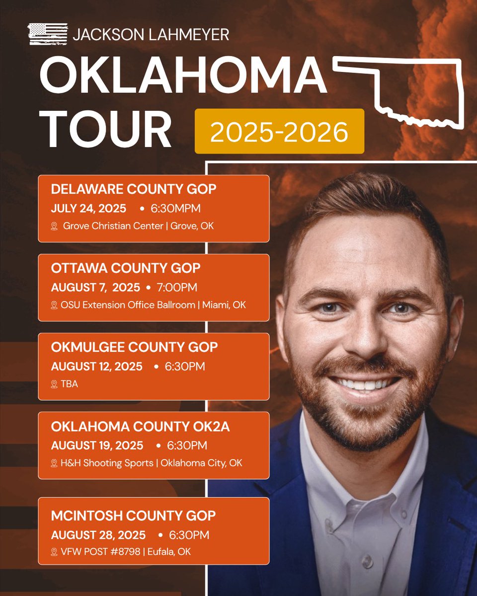 Tonight ▶️ I will be speaking in Grove, OK for the Delaware County GOP at Grove Christian Center‼️

Come join me at 6:30pm if you are in the area. 

View upcoming schedule here: jacksonlahmeyer.com/schedule