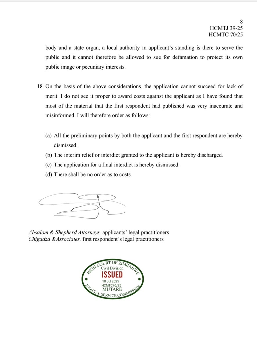 1. Mutare High Court judge upholds the right to freedom of expression of a citizen dragged to court by Rusape Town Council for publicly criticising a tender process via Whatsapp groups. ZLHR through its member Leonard Chigadza represented Mwashaenyi