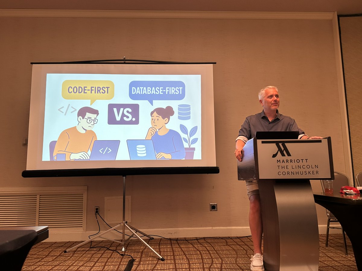 Cory House (@housecor) on Twitter photo Code-First vs Database-First is a religious argument. 
"Most people start with Code-First. It's great for smaller projects and databases. But, as your DB grows, it becomes harder to handle through migrations. So ultimately, people tend to migrate to DB-First later." - Jerry Code-First vs Database-First is a religious argument. 
"Most people start with Code-First. It's great for smaller projects and databases. But, as your DB grows, it becomes harder to handle through migrations. So ultimately, people tend to migrate to DB-First later." - Jerry