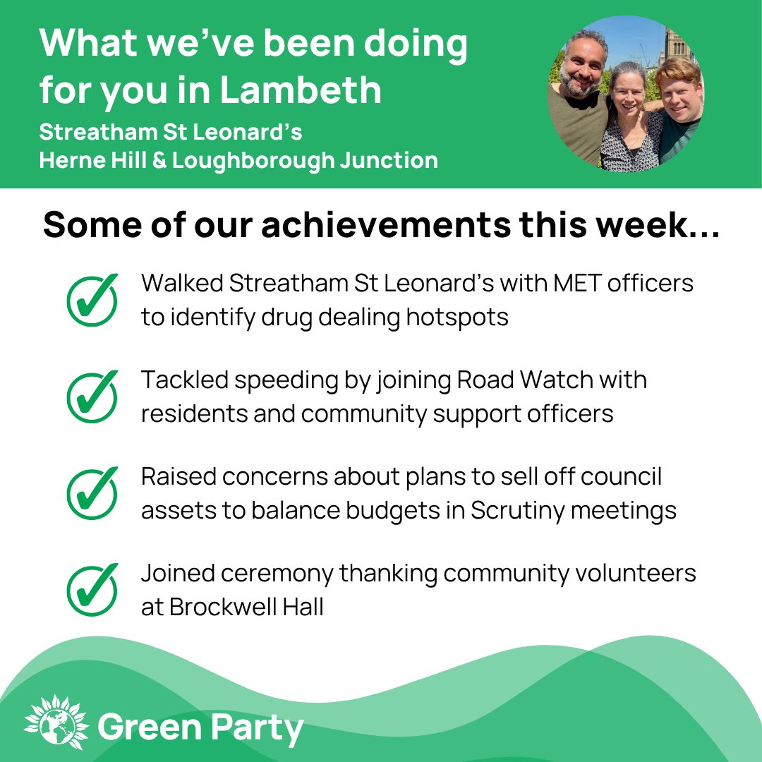 Cllr Scott Ainslie 💚 (@greenpartyscott) on Twitter photo Here are just a few of the things your <a href="/Lambethgp/">Lambeth Green Party</a> councillors have been up to on behalf of residents & businesses in #Lambeth this week.
We are Lambeth’s second party, with 3 councillors, over 22% of the vote & growing. Labour are failing on too many levels. #VoteGreen May 2026 Here are just a few of the things your <a href="/Lambethgp/">Lambeth Green Party</a> councillors have been up to on behalf of residents & businesses in #Lambeth this week.
We are Lambeth’s second party, with 3 councillors, over 22% of the vote & growing. Labour are failing on too many levels. #VoteGreen May 2026