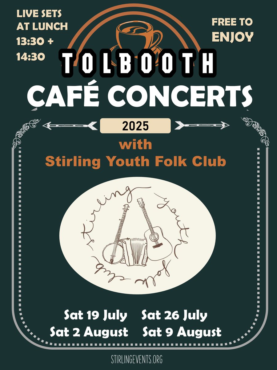 StirlingCouncil's tweet image. 🎻🎸🎶The @Tolbooth Cafe Concerts series continues this Saturday (26 July). The concerts, which are open to all and free to attend will feature Stirling Youth Folk Club.
More information: stirlingevents.org/festival/tolbo…
