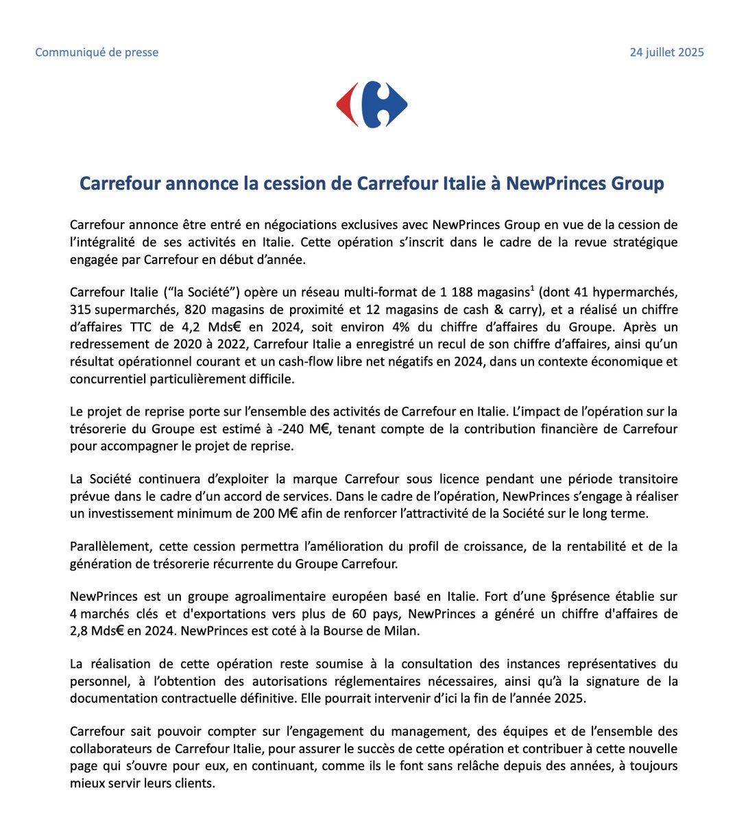 Dauvers70's tweet image. #LEFILCONSO Carrefour annonce céder son activité en Italie.
Ici ⬇️⬇️