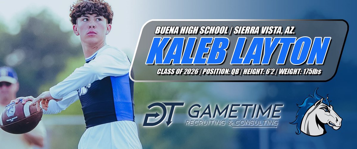 Gametime Recruiting & Consulting (@gametimerc) on Twitter photo WELCOME TO THE <a href="/GametimeRC/">Gametime Recruiting & Consulting</a> FAMILY!!!
<a href="/kaleb_Layton4/">kaleb_Layton</a> is a 2026 QB from Buena HS in Sierra Vista, AZ. 6'2, 170lbs and a leader on the field. Junior Year, he threw for 1,943 yards with 19 TDs. He also ran the ball for 210 yards and 8 TDs. When you watch his film, he has a strong WELCOME TO THE <a href="/GametimeRC/">Gametime Recruiting & Consulting</a> FAMILY!!!
<a href="/kaleb_Layton4/">kaleb_Layton</a> is a 2026 QB from Buena HS in Sierra Vista, AZ. 6'2, 170lbs and a leader on the field. Junior Year, he threw for 1,943 yards with 19 TDs. He also ran the ball for 210 yards and 8 TDs. When you watch his film, he has a strong