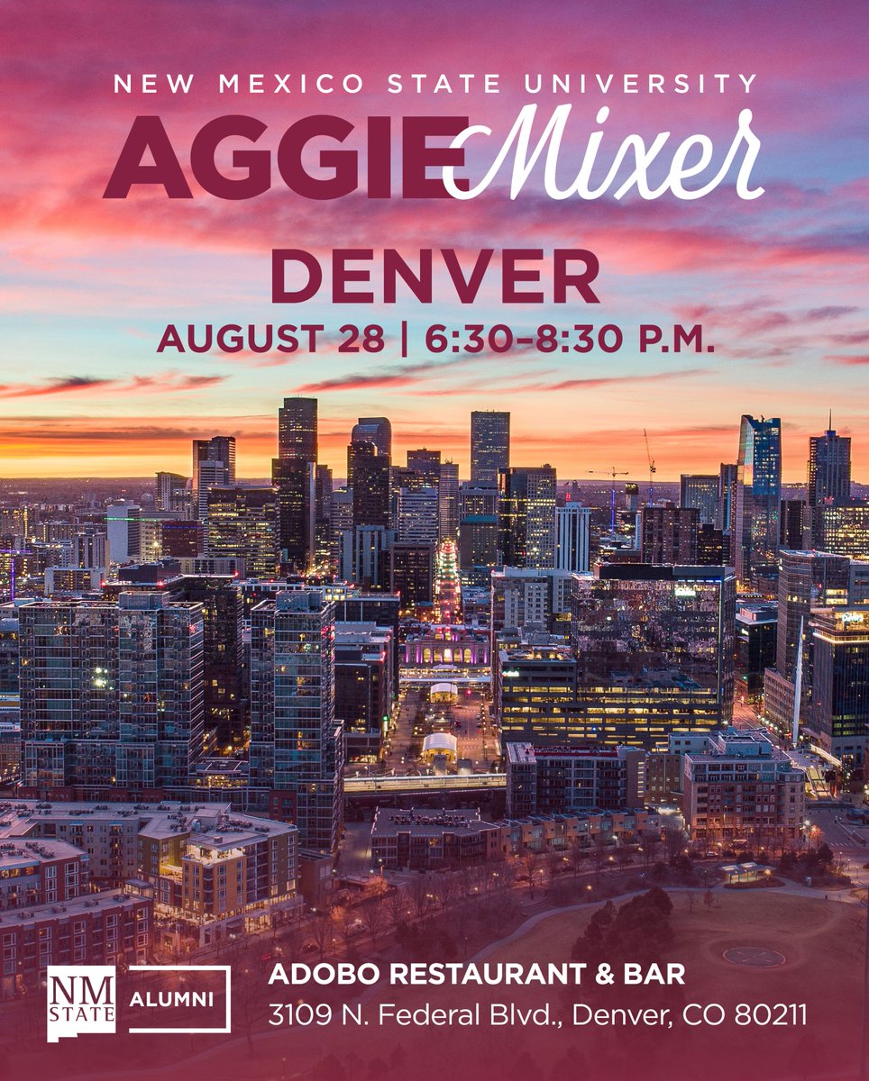 NMSUAlumFriends's tweet image. 📢 Join NMSU Alumni and your fellow metro-Denver Aggies as we launch your NEW NMSU Denver Alumni Network! 🤠
🗓️ Thursday, August 28
🕗 6:30 – 8:30 p.m.
📍 ADOBO Restaurant & Bar | 3109 N. Federal Blvd., Denver, CO 80211
🎟️ alwaysanaggie.org/event/aggie-mi…
👉 (some onsite parking is…