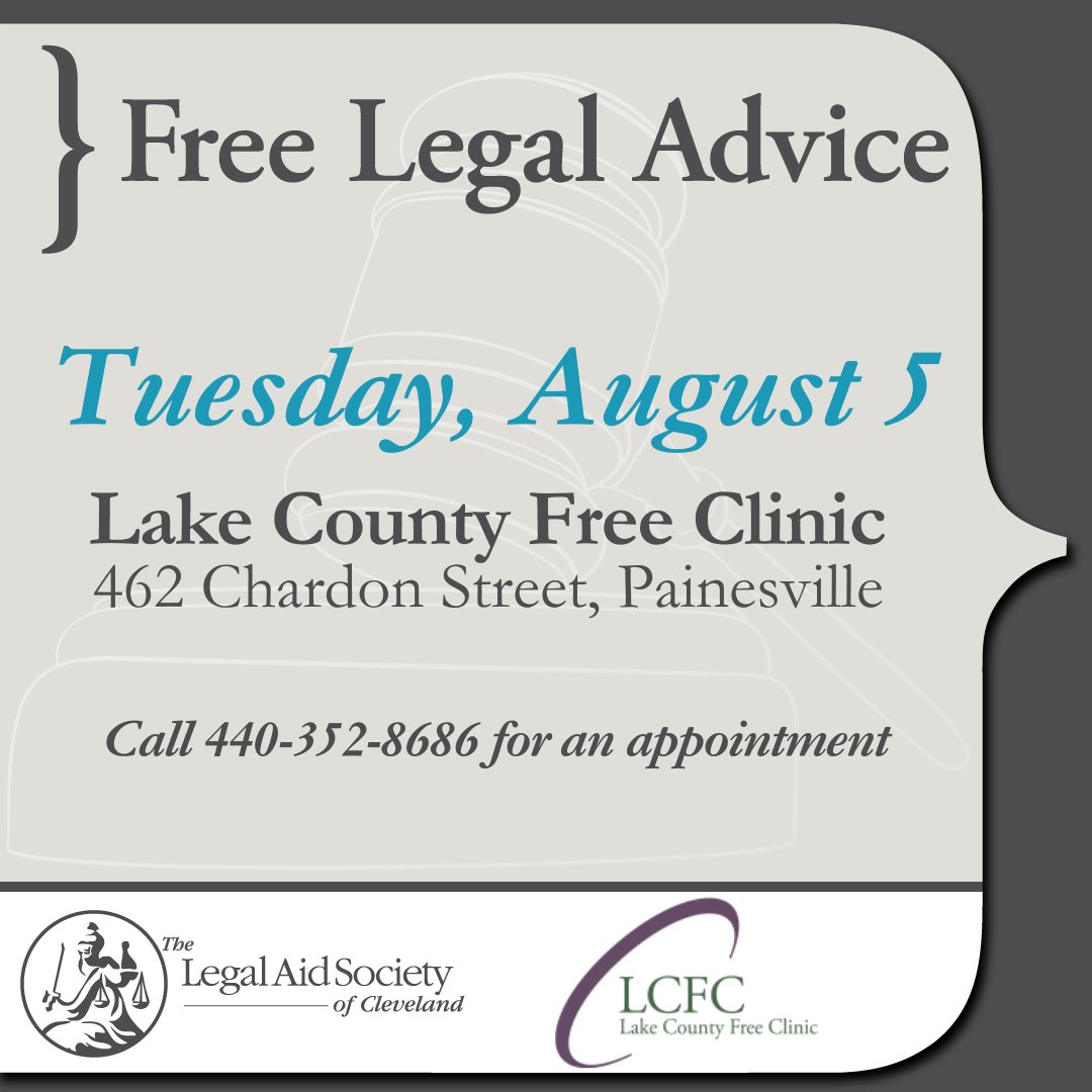 LegalAidCLE's tweet image. Hey #LakeCounty - Have a legal question? Legal Aid has answers!
On Tues., Aug. 5, Legal Aid will be at the Lake County Free Clinic in Painesville to offer advice about civil legal issues. Call 440-352-8686 for an appointment. loom.ly/q4yLSx0