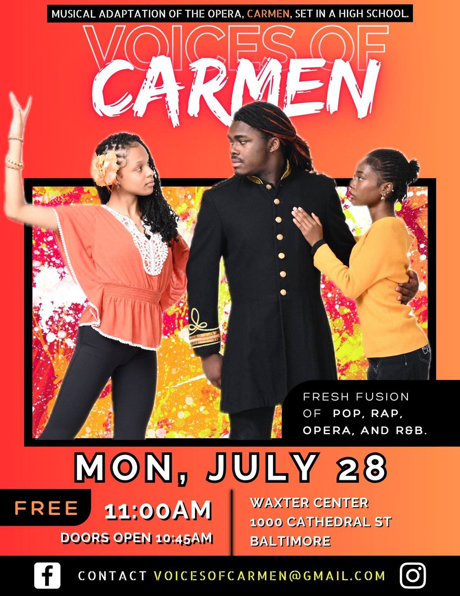 🎭 Voices of Carmen, a project of Dance &amp; Bmore, is coming to Baltimore!

Enjoy a free modern musical adaptation of Carmen, set in a high school, blending pop, rap, R&amp;B &amp; opera.

🗓️ July 28 | 🕚 11 AM
📍 Waxter Center, 1000 Cathedral St

🔗 RSVP: loom.ly/sTRkmxU