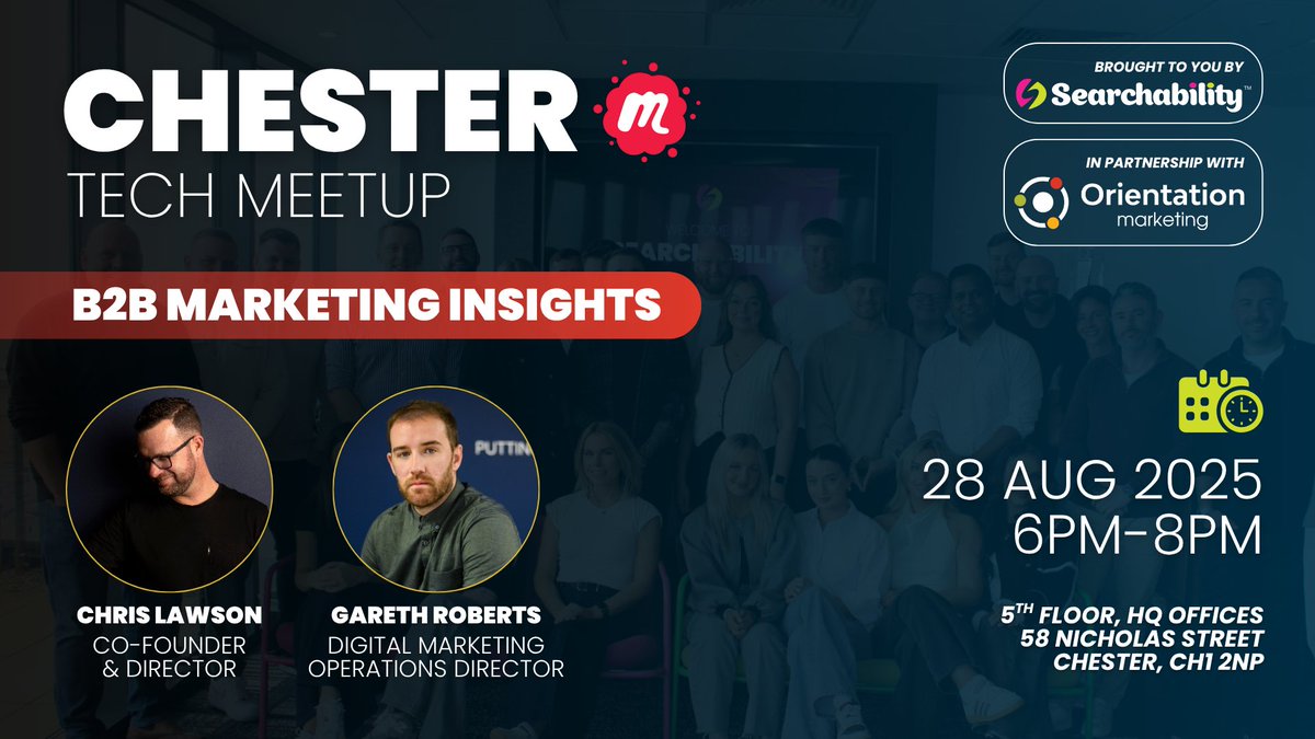 We are excited to announce that for our next #ChesterTechMeetup, we have partnered up with Orientation Marketing, who will be sharing unique insights around B2B Marketing from their leadership team!🫱🏼‍🫲🏼

Speakers on the night will be:

Chris Lawson - Co-founder &amp; Director,
