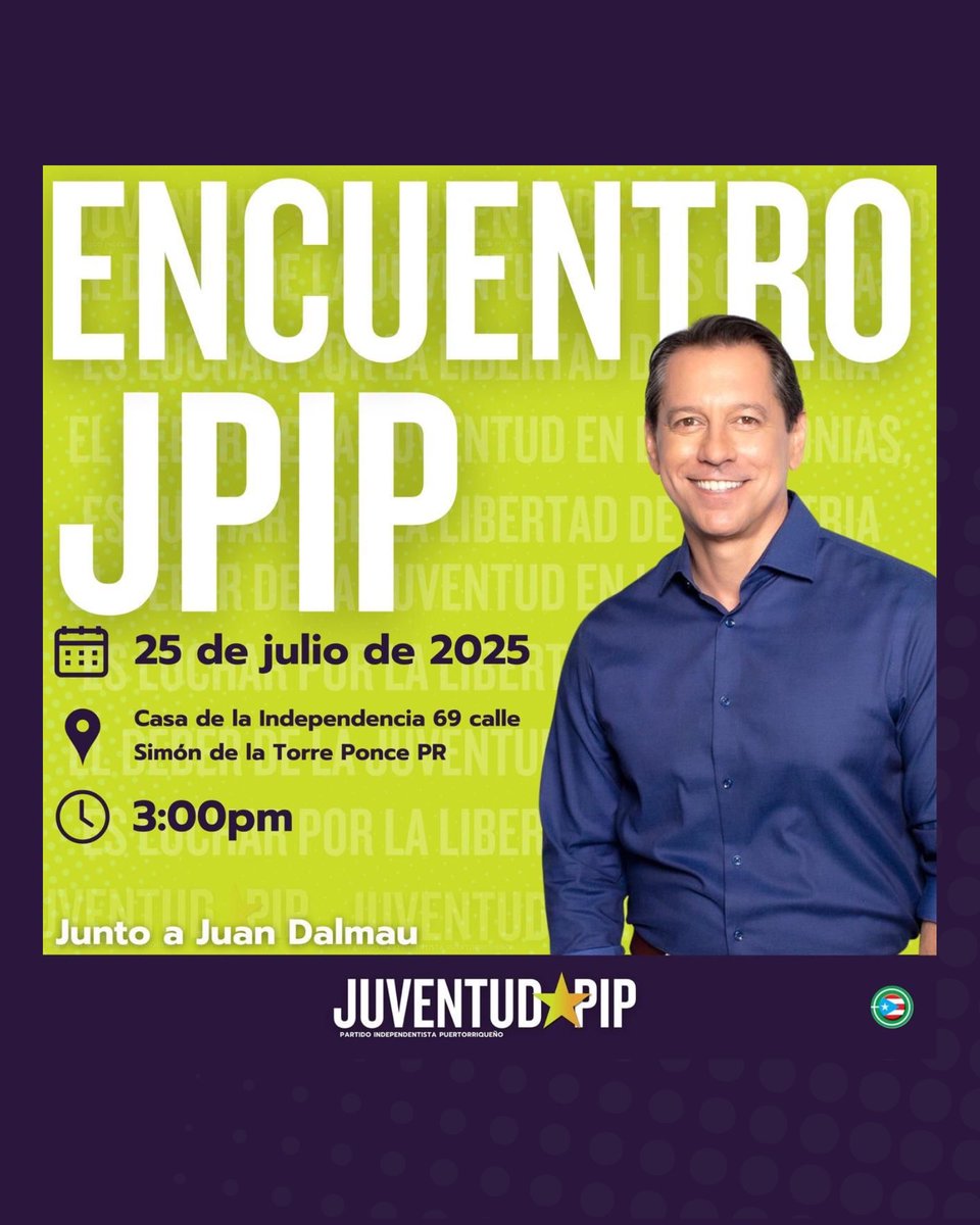 Juventud PIP (@juventudpip) on Twitter photo ¡MAÑANA toca la weltita hasta Ponce! 
Nos reunimos en la Casa de la Independencia, para el gran Encuentro JPIP, junto a Juan Dalmau.
Tendremos camisas a la venta, ¡no te quedes sin la tuya! Nos vemos mañana ❤️🔥 ¡MAÑANA toca la weltita hasta Ponce! 
Nos reunimos en la Casa de la Independencia, para el gran Encuentro JPIP, junto a Juan Dalmau.
Tendremos camisas a la venta, ¡no te quedes sin la tuya! Nos vemos mañana ❤️🔥