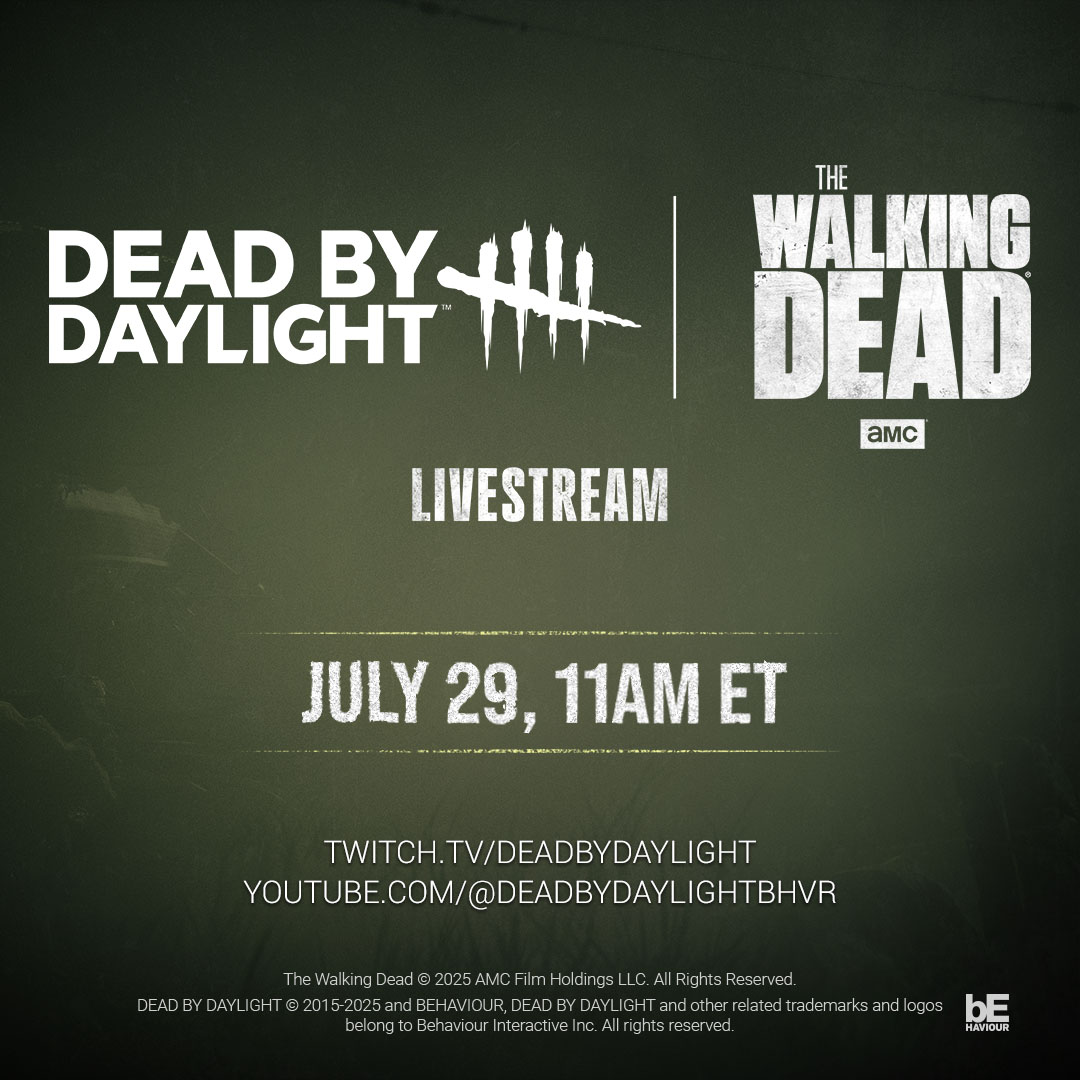 Join us on July 29 at 11AM ET on YouTube or Twitch as we dive deeper into our July release during our Dead by Daylight: The Walking Dead Livestream!