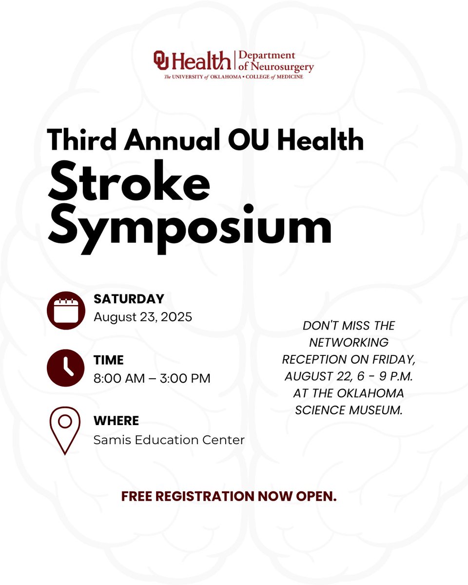 OU_Neurosurgery's tweet image. The 3rd Annual OU Health Stroke Symposium is Aug 23, 8–3 at Samis Ed Center—a full day of expert-led #stroke education for healthcare pros.
Kick things off Fri, Aug 22, 6–9pm with a Networking Reception at the OK Science Museum.
Visit the 🔗 to sign up! tinyurl.com/y3a6ahbe?utm_c…