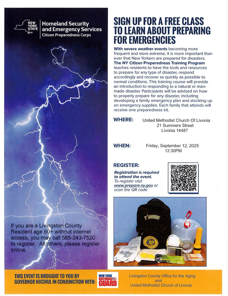 Being prepared for the next disaster or emergency requires training and a plan. At the free NYS Citizen Preparedness Training, you can develop a family emergency plan, learn what supplies to stock up on, and receive a FREE preparedness kit! 
Sign up today: buff.ly/IXlKl0f