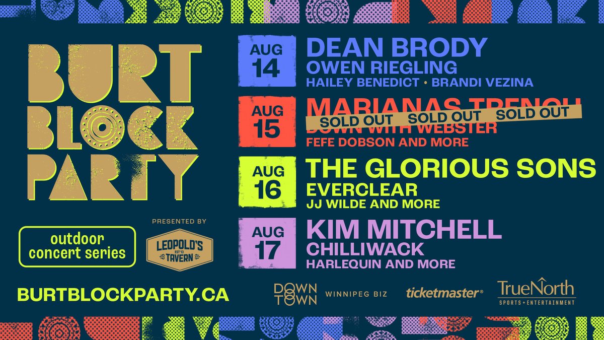 The Burt (@theburtwpg) on Twitter photo ICYMI: Burt Block Party ticket prices go up on August 1 to $79.50 plus fees! Don't wait because you can save over $10 if you get your tickets before midnight on July 31!
🎟️ Get your Burt Block Party presented by <a href="/Leopoldstavern/">Leopold's Tavern</a> tickets now at bit.ly/455sMqB ICYMI: Burt Block Party ticket prices go up on August 1 to $79.50 plus fees! Don't wait because you can save over $10 if you get your tickets before midnight on July 31!
🎟️ Get your Burt Block Party presented by <a href="/Leopoldstavern/">Leopold's Tavern</a> tickets now at bit.ly/455sMqB
