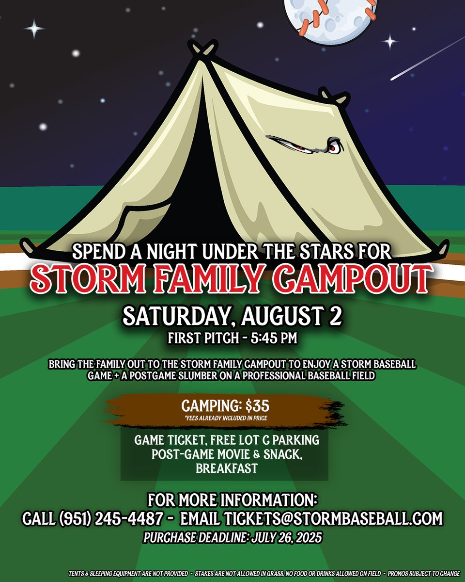 Storm_Baseball's tweet image. This is your last reminder about our Family Campout! Sign-ups end tomorrow, but you still have a chance to camp on a professional baseball field and enjoy post-game run the bases, snack, movie, and morning breakfast items!
Reserve your spot at the link in our bio!