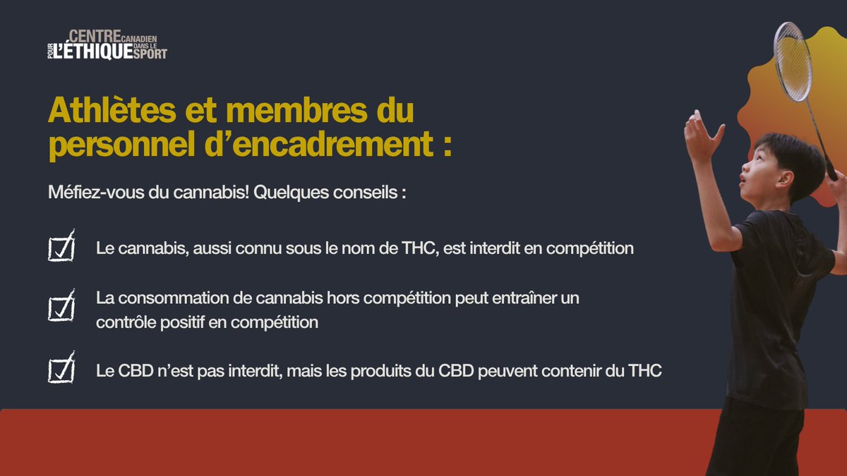 EthicsInSPORT's tweet image. Méfiez-vous du cannabis au #JeuxDuCanada2025! 🍃
Le THC est interdit dans le sport, et la consommation de cannabis, même hors compétition, peut entraîner un contrôle positif et une violation des règles antidopage. ➡️ cces.ca/fr/stjohns2025
#JEC2025 #LàOùÇaRock