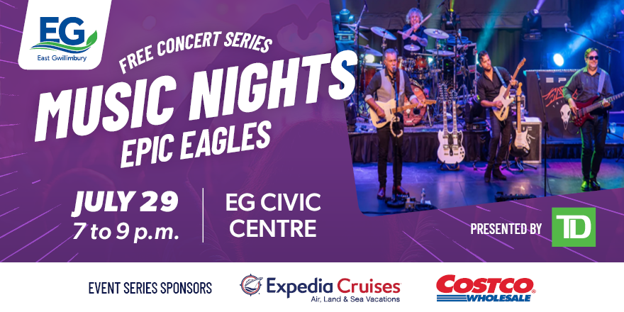 Hey #EG! Join us for our last Music Night of the summer this Tuesday, July 29 at the Civic Centre (19000 Leslie Street) from 7 to 9 p.m. to enjoy some classics from Epic Eagles! 🥁
🎵Epic Eagles is an Original Tribute to the Eagles, delivering a timeless catalogue, all in