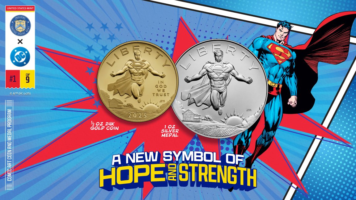 usmint's tweet image. 🚀#Superman Coins & Medals—NOW AVAILABLE!✨Celebrate the #AmericanValues of #HOPEandSTRENGTH with America’s #ComicArt Coin & Medal series from the #USMint. Subscribe now to ensure you collect all future 1 oz fine silver medals in this multi-year series!)
bit.ly/46o8MR6