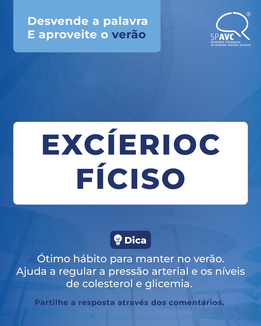 SPAVC_pt's tweet image. 🏃 A palavra (ou melhor, as palavras!) escondidas no anagrama de hoje dizem respeito a uma prática essencial para manter corpo e mente em equilíbrio e que, mesmo no verão, não deve ser esquecida.
Deixe o seu palpite. 👇
#SPAVC #DesvendeAPalavraAproveiteOVerão #VerãoComSaúde