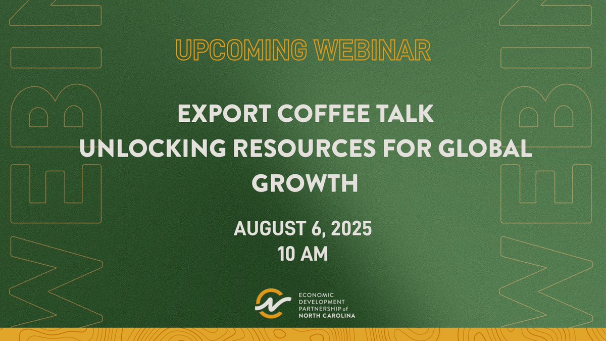 Economic Development Partnership of NC (@edpnc) on Twitter photo Join us on Wednesday, August 6 to explore how <a href="/NCCommColleges/">North Carolina Community Colleges</a> economic development programs can support your export journey. 🌎
🔗 Register Here: ow.ly/O26950WglrW Join us on Wednesday, August 6 to explore how <a href="/NCCommColleges/">North Carolina Community Colleges</a> economic development programs can support your export journey. 🌎
🔗 Register Here: ow.ly/O26950WglrW