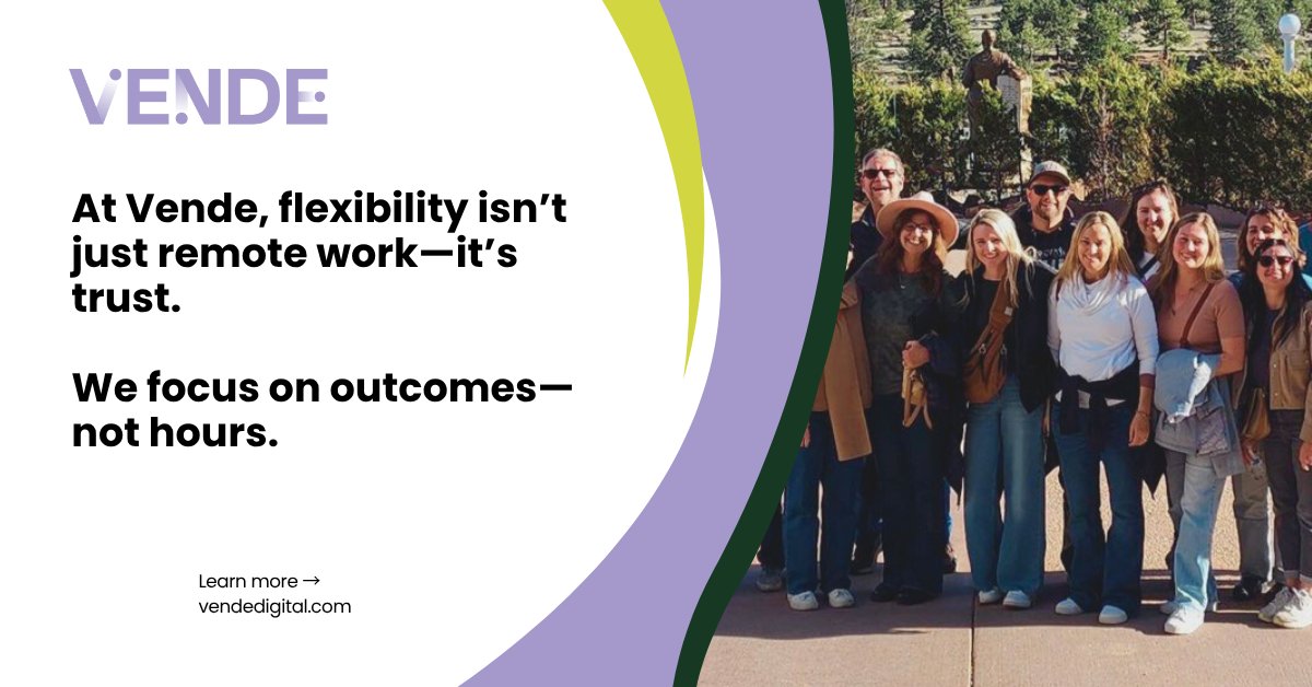 At Vende, flexibility means trust—not just remote work. 

We focus on outcomes, not hours. 

When people have space to live and lead, the work gets better. 

 💻na2.hubs.ly/y0pMR00

#VendeCulture #RemoteWork #AgencyLife #B2BMarketing