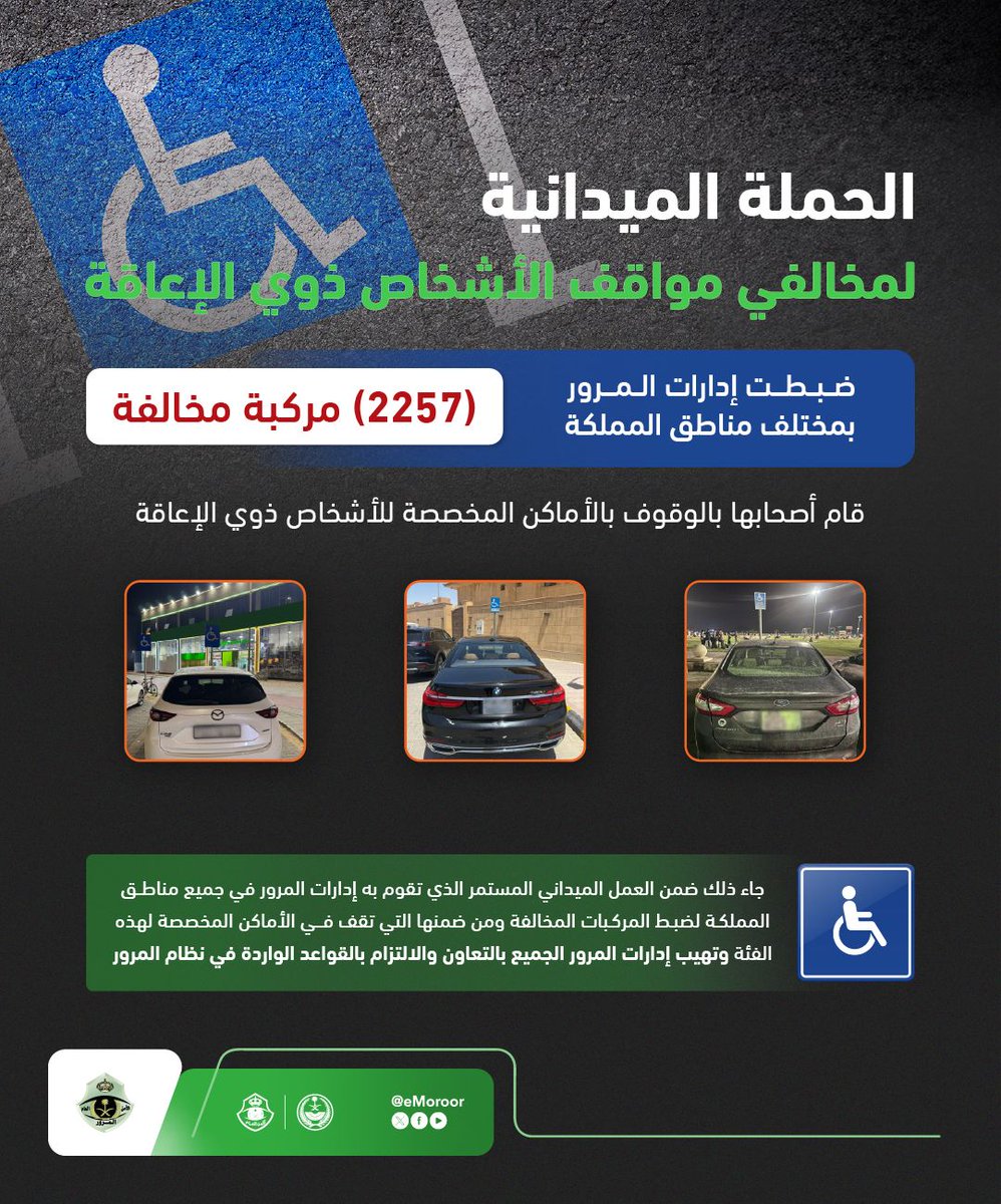 تنفيذ الحملة الميدانية لضبط المركبات المتوقفة في الأماكن المخصصة للأشخاص ذوي الإعاقة

⁧#المرور_السعودي⁩