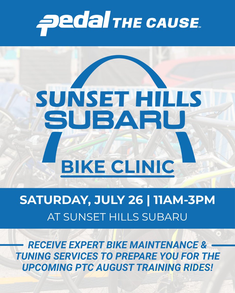 Get your #cancercuringbike ready for the road! Join us THIS SATURDAY from 11AM-3PM at Sunset Hills Subaru for a Bike Clinic. Receive expert bike maintenance &amp; tuning services to prepare you for the upcoming Training Rides. Donations to PTC will be accepted. See you there! 🚴