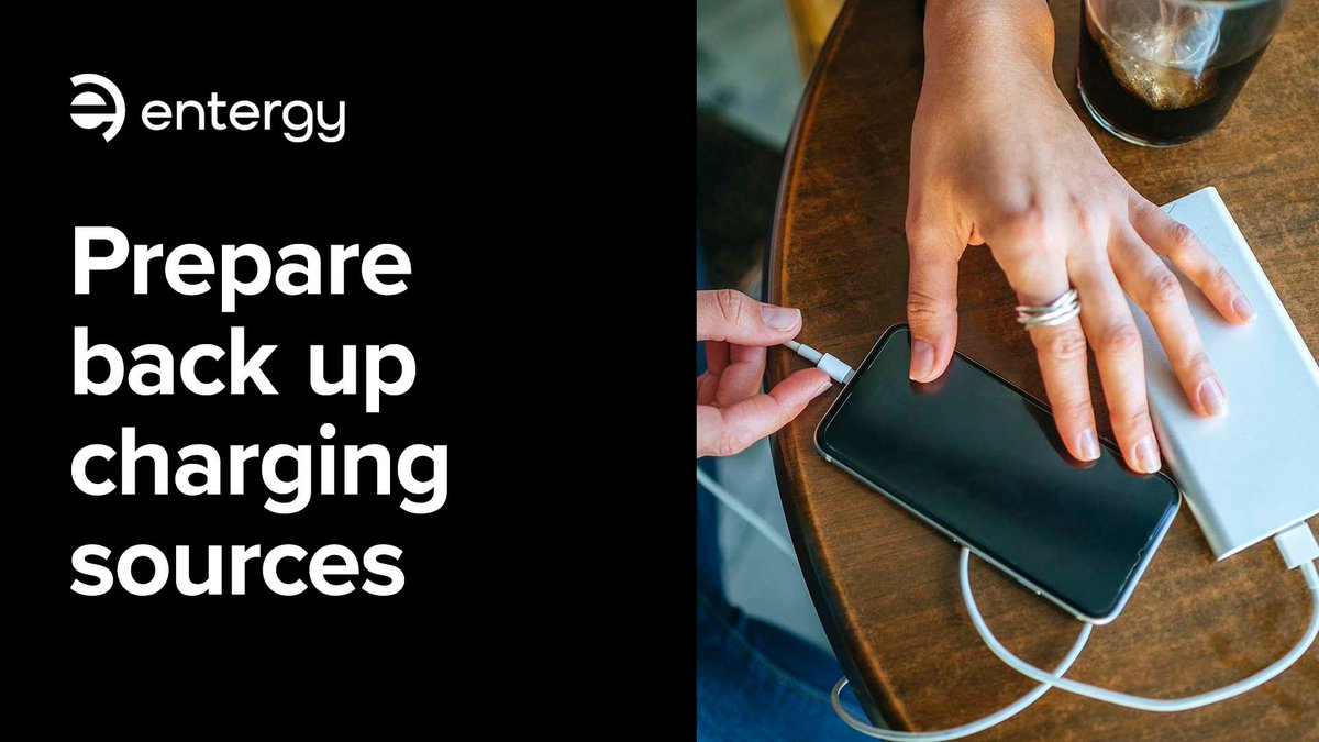 Entergy's tweet image. When severe weather threatens, make sure your electronic devices are fully charged. 🔌
Keep a back-up power source on hand to recharge your phone and stay connected. 🔋
Learn how you can be more prepared for emergencies ➡️ enter.gy/61824Ar5r
#WePowerLife