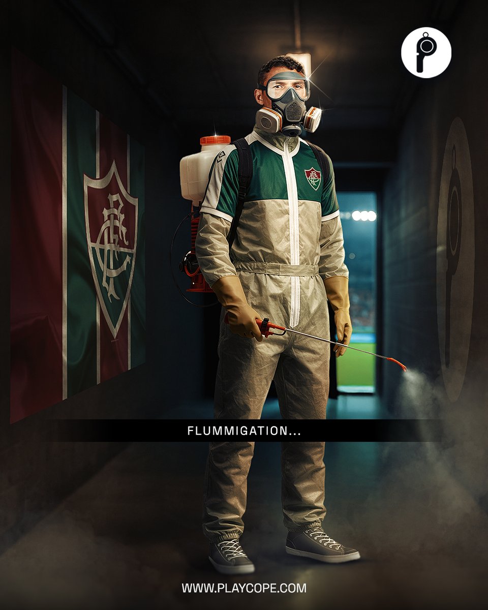 BrainiacGfx's tweet image. Brief: Create a  design featuring Thiago Silva in a fumigation suit, playing on the word “Flummigation” (a blend of Fluminense and fumigation), to represent dominance, defence, or control in a humorous or clever way

The design: 👇👇👇
