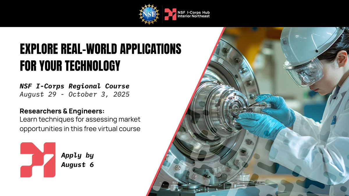 INicorps's tweet image. Bring your innovation out of the lab and into the world with guidance from @NSF #icorps! In this free virtual course (8/29-10/3), you'll evaluate your tech's potential impact and identify the problems it could solve. Apply by 8/6: tfaforms.com/5180767