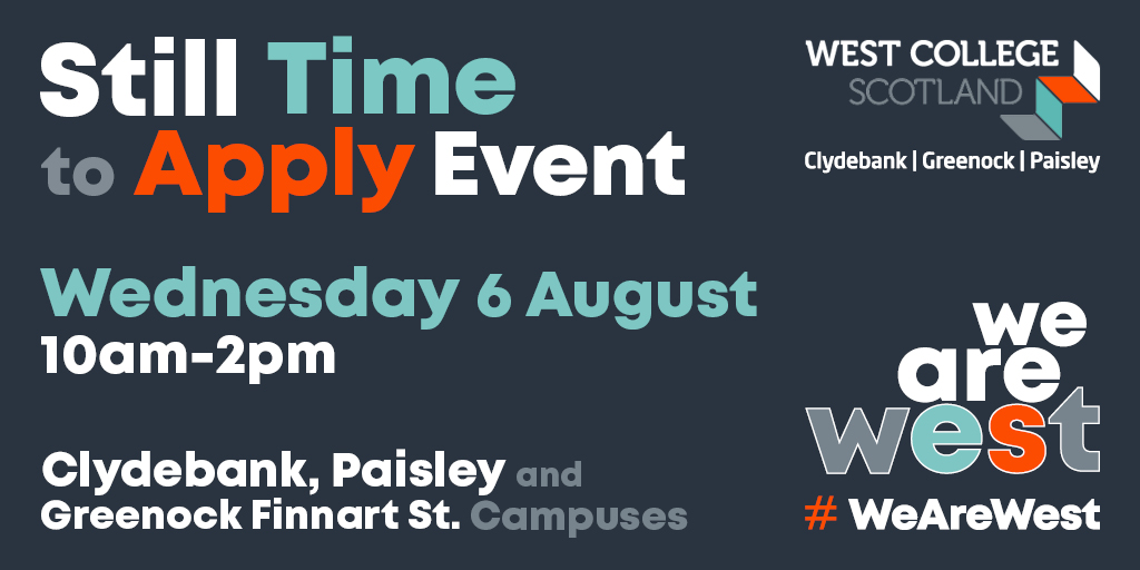 🎓 Waiting on your exam results and thinking about college?
We’ve got you covered! Join us at our Still Time to Apply events and find out what options are still available.

📅 Wednesday 6th August
🕙 10am – 2pm
📍 Greenock Finnart St | Paisley | Clydebank Campuses

No need to