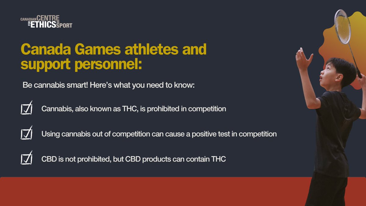 EthicsInSPORT's tweet image. Be cannabis smart at the Canada Games! 🍃
Even though cannabis is legal for adults in 🇨🇦, THC is prohibited in competition. Using cannabis in and even out of competition can cause a positive test and could lead to an anti-doping rule violation. ➡️ cces.ca/stjohns2025