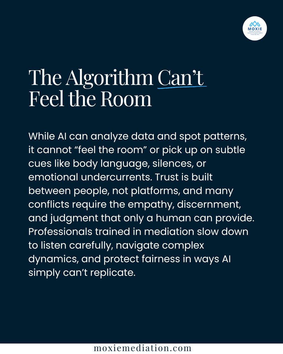 At Moxie Mediation, we combine thoughtful technology use with empathy and expertise to help you resolve workplace conflicts in a way that respects every voice. Connect with Moxie Mediation today.

🔗 moxiemediation.com/contact

#Mediation #AIandMediation #ConflictResolution
