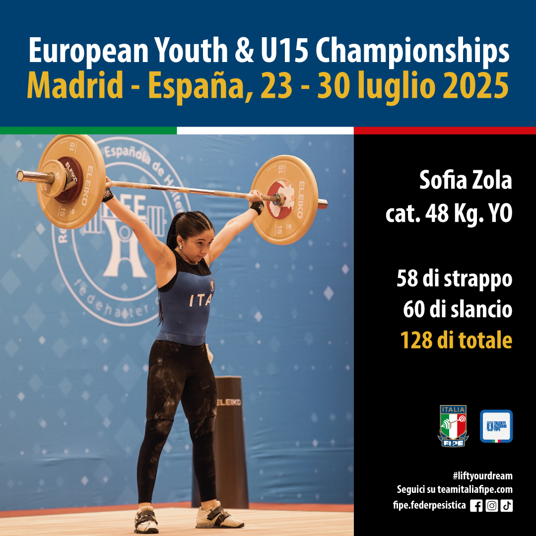 FederPesistica (@federpesistica) on Twitter photo Campionati Europei Youth & Under 15 2025 - Madrid
๐ช๐ธ
MARIA GINEVRA MAZZILLI
Cat. 48 kg Youth
โ๏ธ strappo 61 kg
โ๏ธ slancio 74 kg
โ๏ธ totale 135 kg
7ยฐ posizione
๐
SOFIA ZOLA
Cat. 48 kg Youth
โ๏ธ strappo 58 kg
โ๏ธ slancio 70 kg
โ๏ธ totale 128 kg
8ยฐ posizione
Brave ragazze!
๐ช Campionati Europei Youth & Under 15 2025 - Madrid
๐ช๐ธ
MARIA GINEVRA MAZZILLI
Cat. 48 kg Youth
โ๏ธ strappo 61 kg
โ๏ธ slancio 74 kg
โ๏ธ totale 135 kg
7ยฐ posizione
๐
SOFIA ZOLA
Cat. 48 kg Youth
โ๏ธ strappo 58 kg
โ๏ธ slancio 70 kg
โ๏ธ totale 128 kg
8ยฐ posizione
Brave ragazze!
๐ช