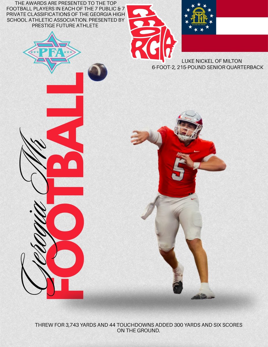 Chris Ace Griggs (@chrisgriggs9) on Twitter photo As we are a few weeks away from the 2025 HS fotball Season we continue to Review out 2024 <a href="/PrestigeFutureA/">Prestige Future Athlete</a> POY from each state
Luke Nickel <a href="/LukeNickel5/">Luke Nickel</a> Height/Weight: 6'2", 215 lbs
Position: Quarterback School: Milton High School (GA)
Class: 2024 College Commitment: University As we are a few weeks away from the 2025 HS fotball Season we continue to Review out 2024 <a href="/PrestigeFutureA/">Prestige Future Athlete</a> POY from each state
Luke Nickel <a href="/LukeNickel5/">Luke Nickel</a> Height/Weight: 6'2", 215 lbs
Position: Quarterback School: Milton High School (GA)
Class: 2024 College Commitment: University