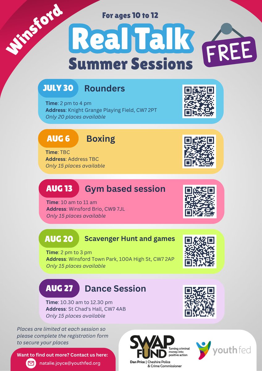 Real Talk in #Winsford

Rounders
forms.office.com/e/WCV8EVVGcP

Boxing 
forms.office.com/e/c16CdAUcYu

Gym based session
forms.office.com/e/5wUbY2ry7z

Scavenger Hunt and games 
forms.office.com/e/fZUXUxKJWu

Dance Session 
forms.office.com/e/LyYZ00KiuZ

Thanks to @cheshirepcc through #SWAPfund