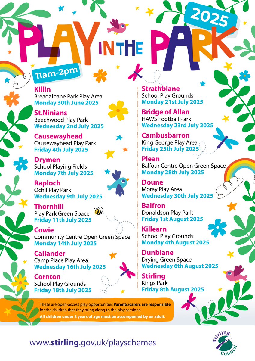 StirlingCouncil's tweet image. 🛝 Stirling Council's free Play in the Park programme continues tomorrow (28 July) at the Balfour Centre Open Green Space in #Plean
All children under 8 years of age must be accompanied by an adult.
Email: play@stirling.gov.uk for any queries.