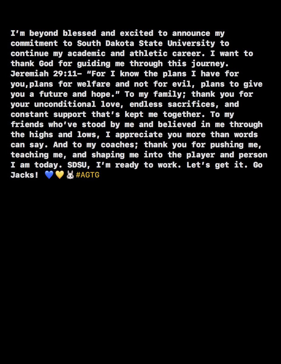 Emeir white (@ejwhite08) on Twitter photo 100% Committed!!
#gojacks <a href="/GoJacksFB/">SDSU Football</a>
<a href="/CoachMcLin/">Marcus McLin</a> <a href="/CoachDtjackson/">Dan Jackson</a> <a href="/dyshawn_gales5/">Dyshawn Gales</a>
<a href="/BrotherRiceFB/">Brother Rice Football</a> <a href="/CoachQuedenfeld/">Coach Quedenfeld</a> <a href="/A1_coach/">Coach Lacy</a>
<a href="/CoachCano/">ONEighty Athletics</a>
#AGTG 💙💛🐰 100% Committed!!
#gojacks <a href="/GoJacksFB/">SDSU Football</a>
<a href="/CoachMcLin/">Marcus McLin</a> <a href="/CoachDtjackson/">Dan Jackson</a> <a href="/dyshawn_gales5/">Dyshawn Gales</a>
<a href="/BrotherRiceFB/">Brother Rice Football</a> <a href="/CoachQuedenfeld/">Coach Quedenfeld</a> <a href="/A1_coach/">Coach Lacy</a>
<a href="/CoachCano/">ONEighty Athletics</a>
#AGTG 💙💛🐰