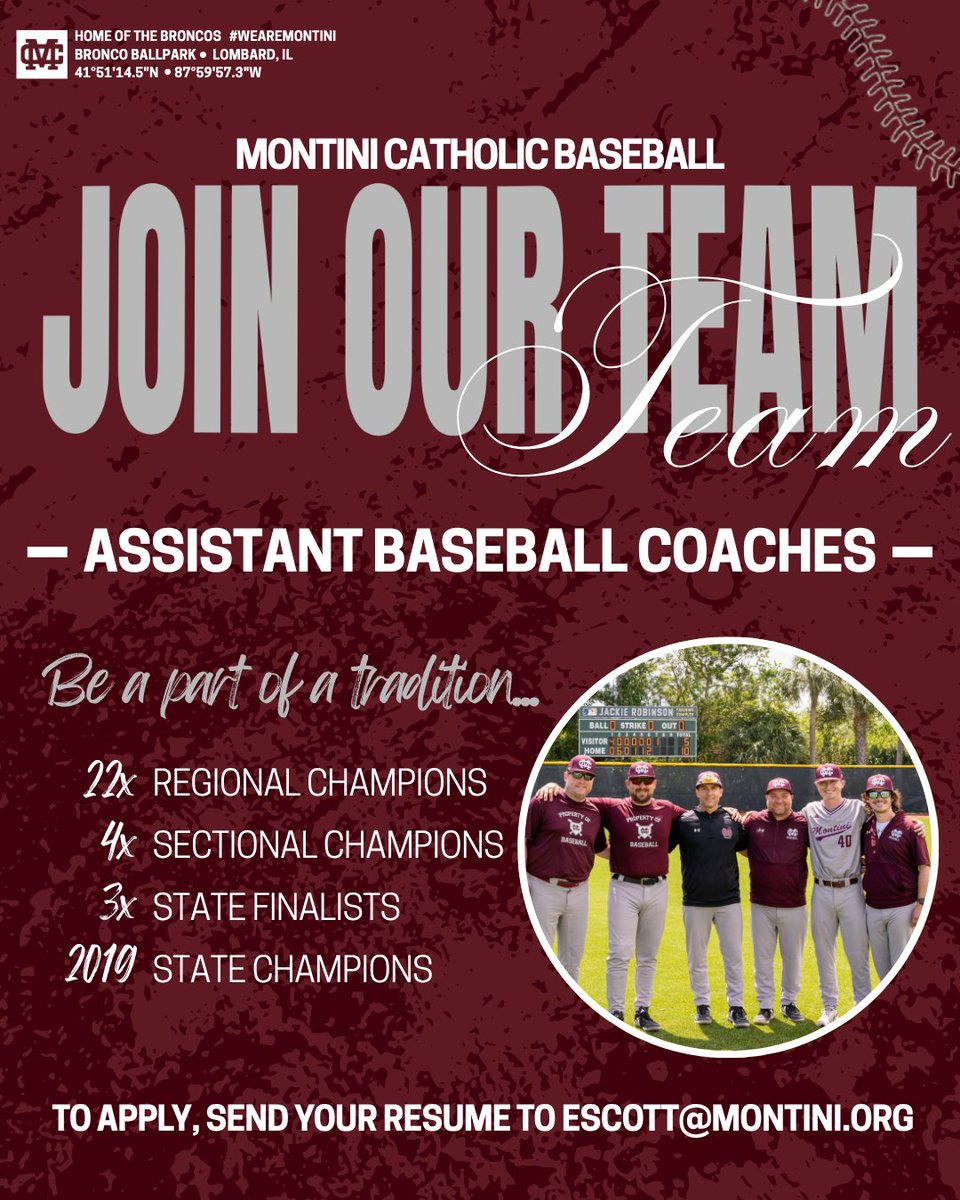 Montini Catholic Baseball (@montinibaseball) on Twitter photo 📢Calling all Assistant Coaches!📢
We're looking for assistant coaches to join us for the 2026 baseball season! Come and be part of a program rich in history and tradition.
Interested? Email your resume to escott@montini.org! 📢Calling all Assistant Coaches!📢
We're looking for assistant coaches to join us for the 2026 baseball season! Come and be part of a program rich in history and tradition.
Interested? Email your resume to escott@montini.org!