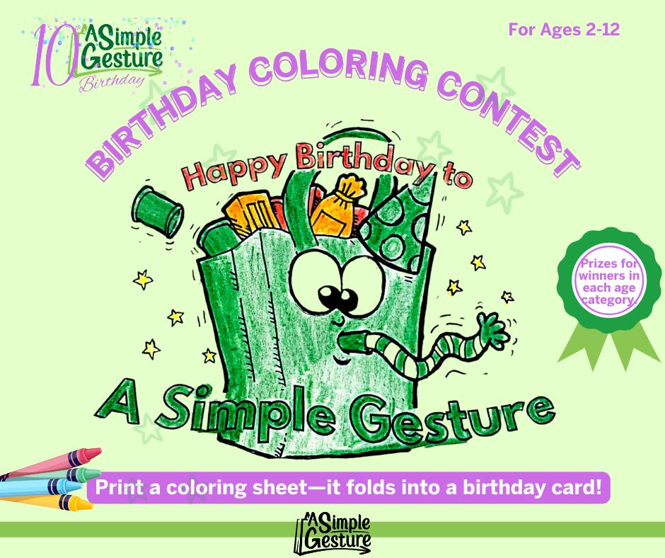 A fun summertime activity from A Simple Gesture -- enter their birthday coloring contest! Print the coloring sheet, fold it into a card &amp; get the little people in your life coloring away. You can mail or email entries; instructions are on the back: bit.ly/ASGcoloring11-…