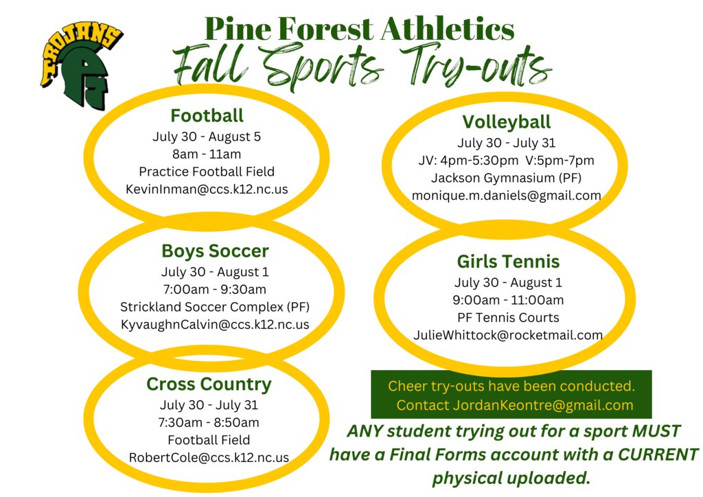 Would you like to try-out for a sport this fall? PFHS would like to share their Athletics Fall Try-Outs schedule. Please remember that ANY student trying out for a sport Must have a Final Forms account and a CURRENT physical uploaded.