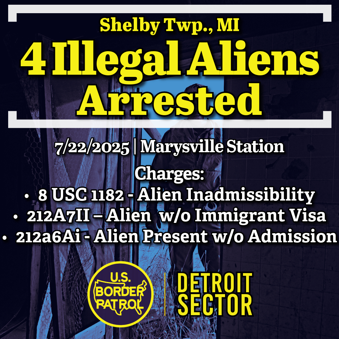 USBPChiefDTM's tweet image. On Tuesday, Marysville Station agents arrested 4 illegal aliens from El Salvador and Mexico in a targeted enforcement action. The subjects will be processed for removal from the United States.

#DetroitSector #BorderSecurity #BorderPatrol