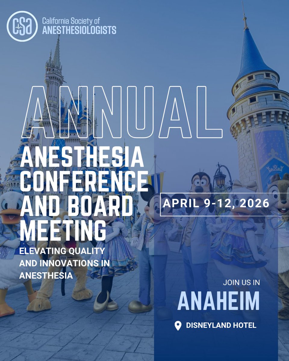 CSAHQ's tweet image. 📣 Registration is OPEN for CSA 2026 Annual Anesthesia Conference!
📍 Disneyland Hotel, Anaheim | 🗓️ Apr 9–12
🔬 Submit abstracts by Feb 6 for a chance to present!
🎟️ Early bird savings + twilight Disney tickets 🎢
👉 csahq.org/events/csa-202…
#CSA2026 #Anesthesia #MedEd