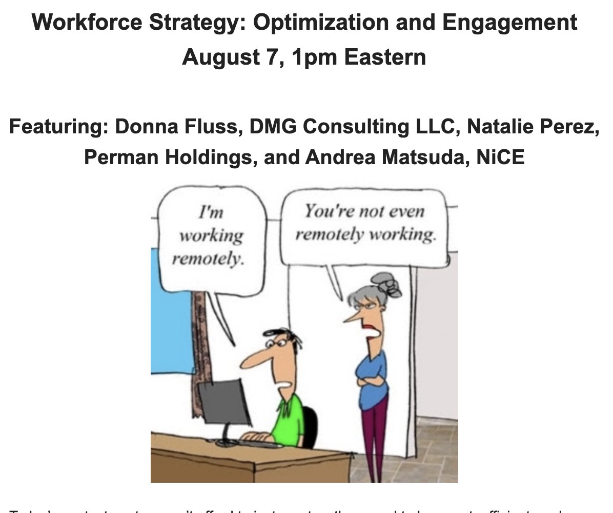 DMG Consulting LLC (@dmgconsultllc) on Twitter photo Todayās #contactcenters canāt afford to just react, they need to be smart, efficient, and ahead of the curve.
Don't miss the 8/7 chat with Donna Fluss, DMG Consulting, Natalie Perez, Perman Holdings, & <a href="/AnnieMazda/">Andrea Matsuda</a> , <a href="/NICELtd/">NiCE</a> .
crmxchange.com/roundtable/wfoā¦
<a href="/CRMXchange/">CRMXchange</a> Todayās #contactcenters canāt afford to just react, they need to be smart, efficient, and ahead of the curve.
Don't miss the 8/7 chat with Donna Fluss, DMG Consulting, Natalie Perez, Perman Holdings, & <a href="/AnnieMazda/">Andrea Matsuda</a> , <a href="/NICELtd/">NiCE</a> .
crmxchange.com/roundtable/wfoā¦
<a href="/CRMXchange/">CRMXchange</a>