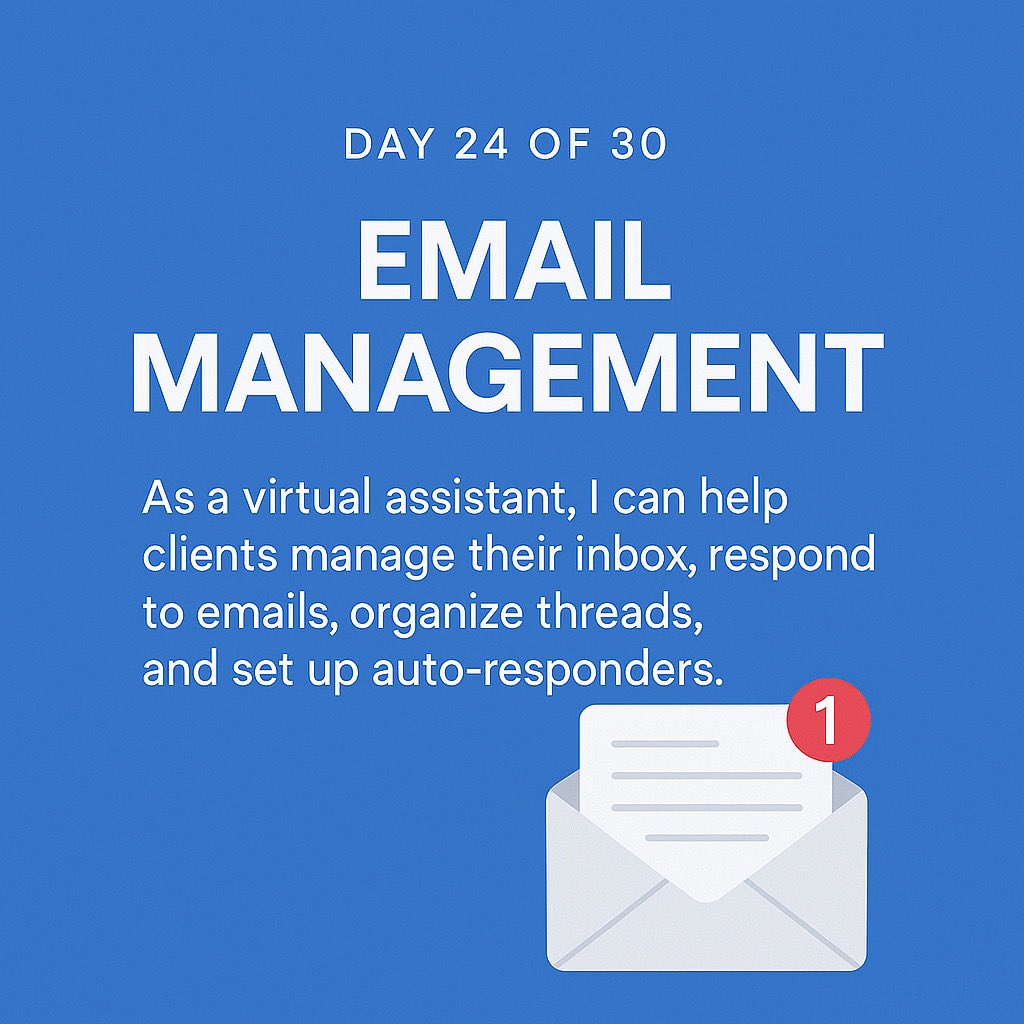 AdigunMeerah's tweet image. Day 24 of 30
Email management doesn’t have to be a mess.
As a VA, I help founders & CEOs clean up their inbox, respond to clients, organize threads & set up smart systems.
Inbox peace is one decision away. 💻📩
#VirtualAssistant #EmailSupport #InboxZero #30DayChallenge