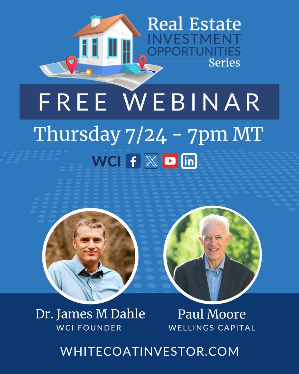 WCInvestor's tweet image. Join Dr. Dahle tonight, Thursday, July 24 at 7pm MT for this free real estate investing webinar.

WCI-partner Wellings Capital seeks to help accredited investors passively protect and grow their wealth through investing in self-storage, mobile home parks, RV parks, and more…