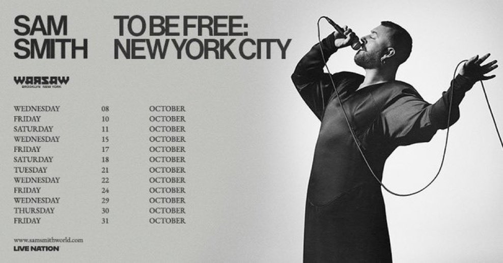 SmithCharts's tweet image. Sam Smith announces “To Be Free: New York City” - an intimate 12-show October residency at Warsaw in Brooklyn.
Tickets on sale Friday, August 1 at 10 am. 💙
🎟 samsmithworld.com